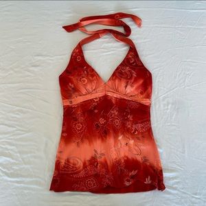 y2k orange paisley floral print halter top